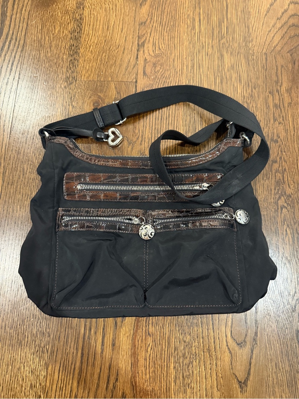 Brighton Go Go Messenger Bag Black Nylon Brown Croc